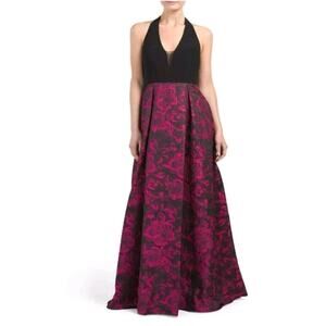 JS Collections Open Back Halter Neck A-Line Long Dress Floral Pink Women Plus 16